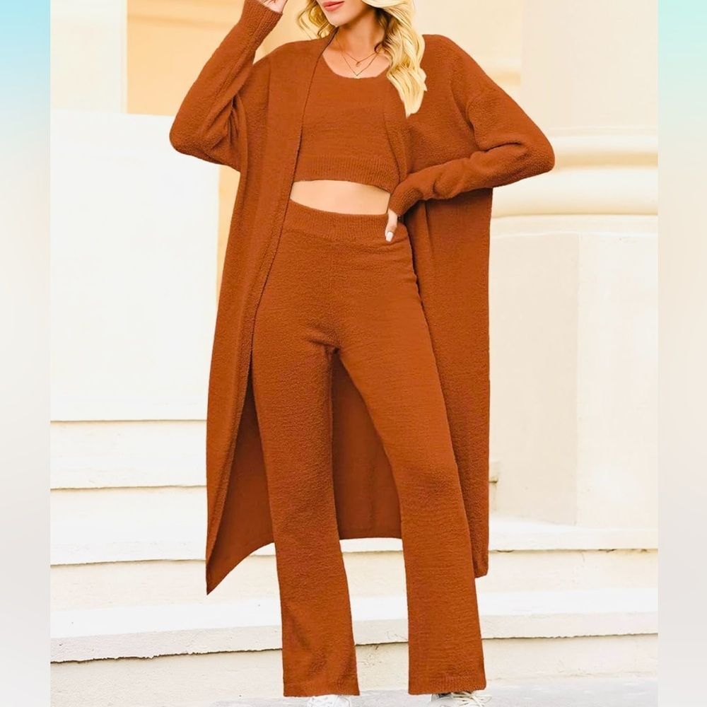 Fuzzy 3 Piece Sweatsuit Open Front Cardigan Crop Tank Wide Legs Lounge Set S New